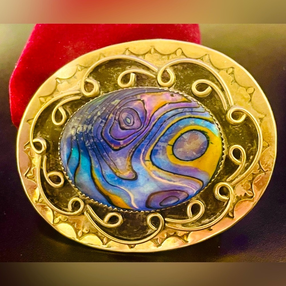 Vintage Blue Abalone Shell and Silver Belt Buckle - Picture 2 of 6